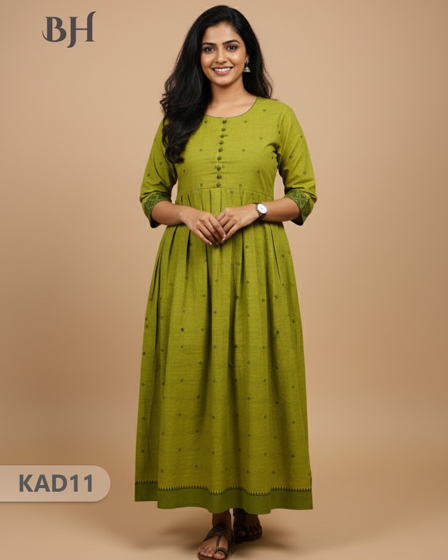 Khadi Cotton Frock Half Length with Lining – Light Green Colour | Comfortable & Stylish Handloom Dress