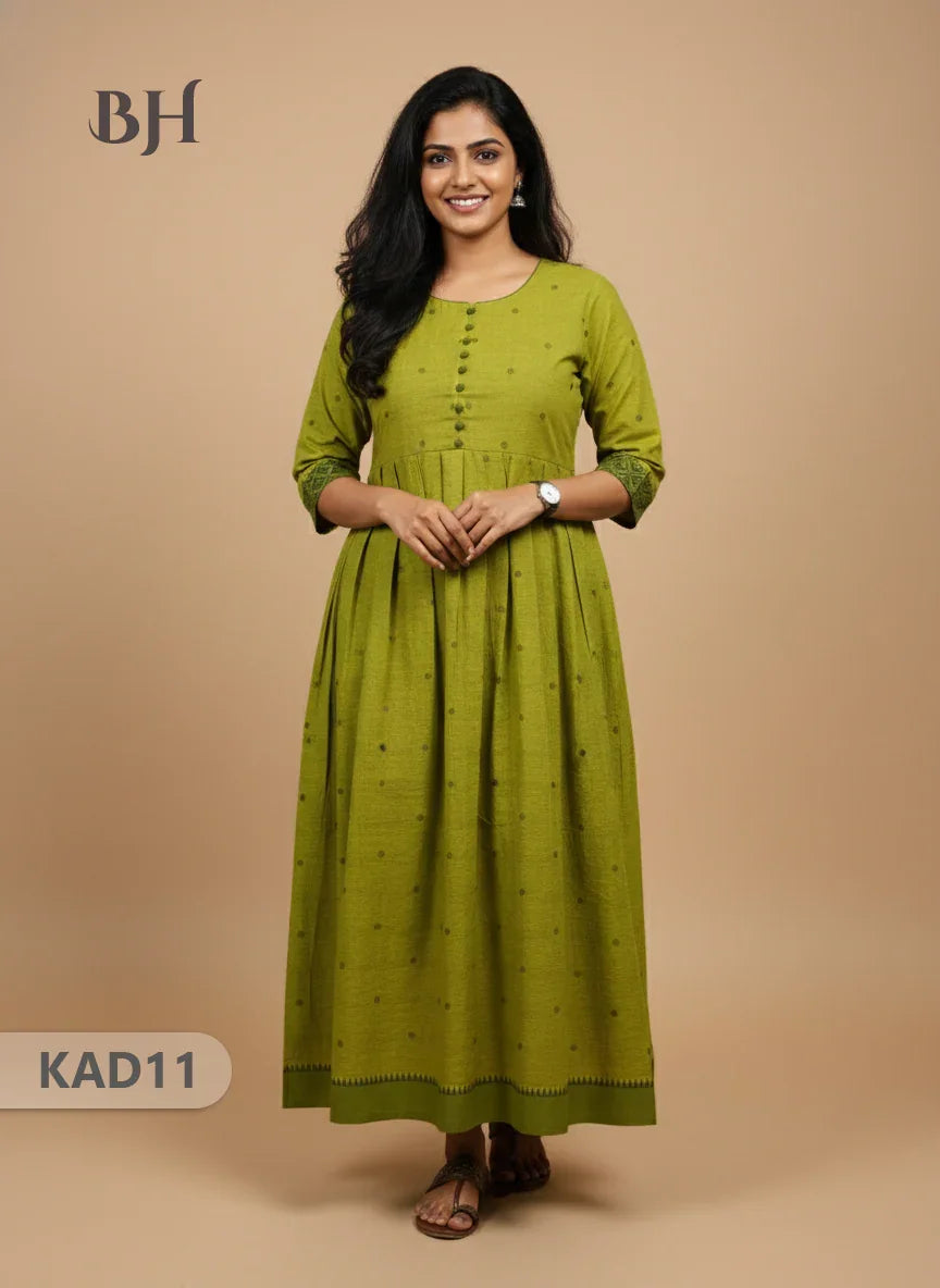 Khadi Cotton Frock Half Length with Lining – Light Green Colour | Comfortable & Stylish Handloom Dress