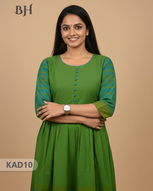 Khadi Cotton Frock Half Length with Lining – Green Colour | Comfortable & Stylish Handloom Dress