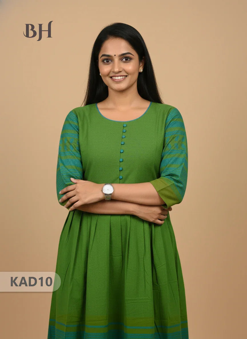 Khadi Cotton Frock Half Length with Lining – Green Colour | Comfortable & Stylish Handloom Dress