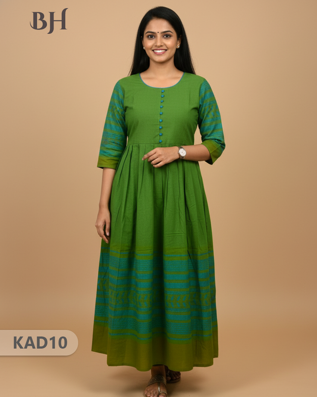 Khadi Cotton Frock Half Length with Lining – Green Colour | Comfortable & Stylish Handloom Dress