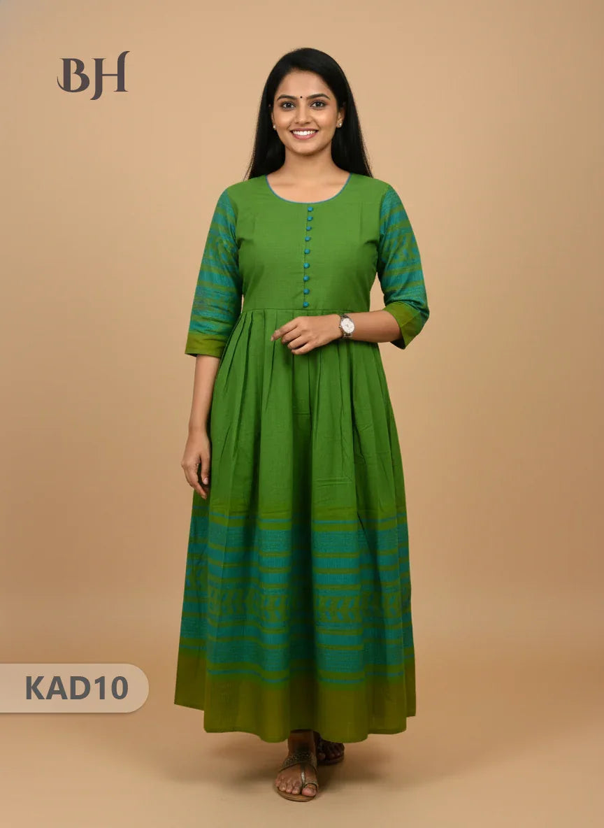 Khadi Cotton Frock Half Length with Lining – Green Colour | Comfortable & Stylish Handloom Dress