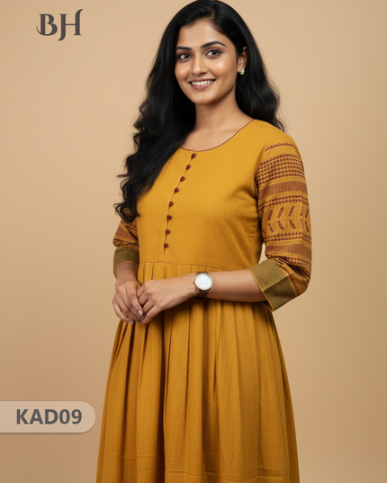 Khadi Cotton Frock Half Length with Lining – Yellow Colour | Comfortable & Stylish Handloom Dress