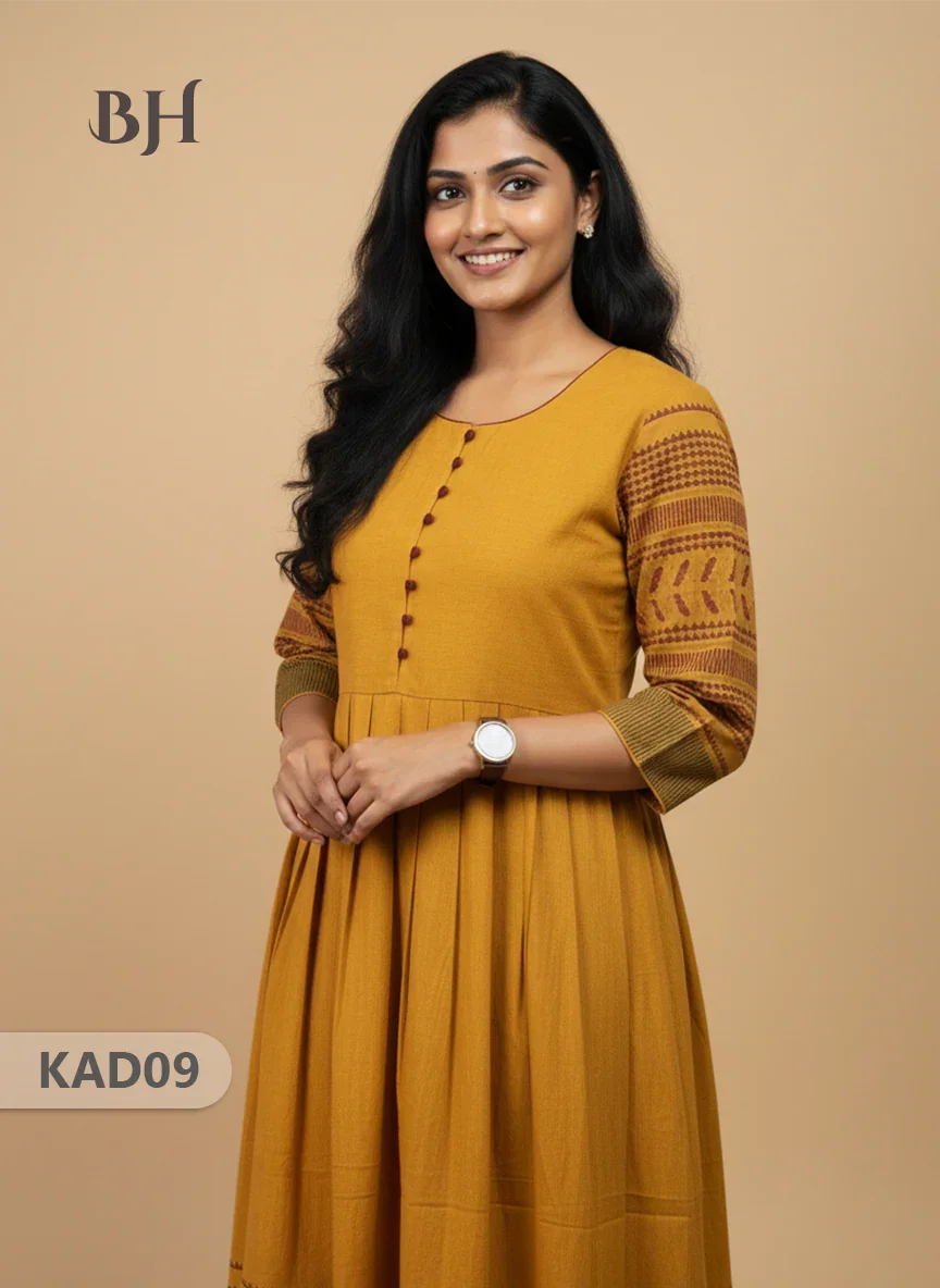 Khadi Cotton Frock Half Length with Lining – Yellow Colour | Comfortable & Stylish Handloom Dress