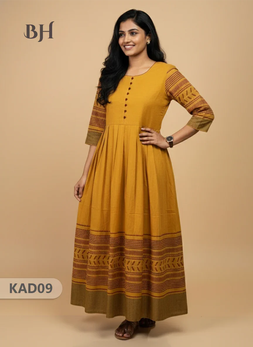 Khadi Cotton Frock Half Length with Lining – Yellow Colour | Comfortable & Stylish Handloom Dress