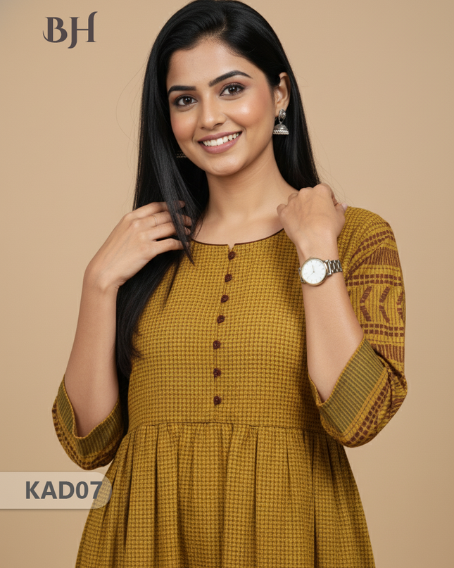 Khadi Cotton Frock Half Length with Lining – Yellow Colour | Comfortable & Stylish Handloom Dress