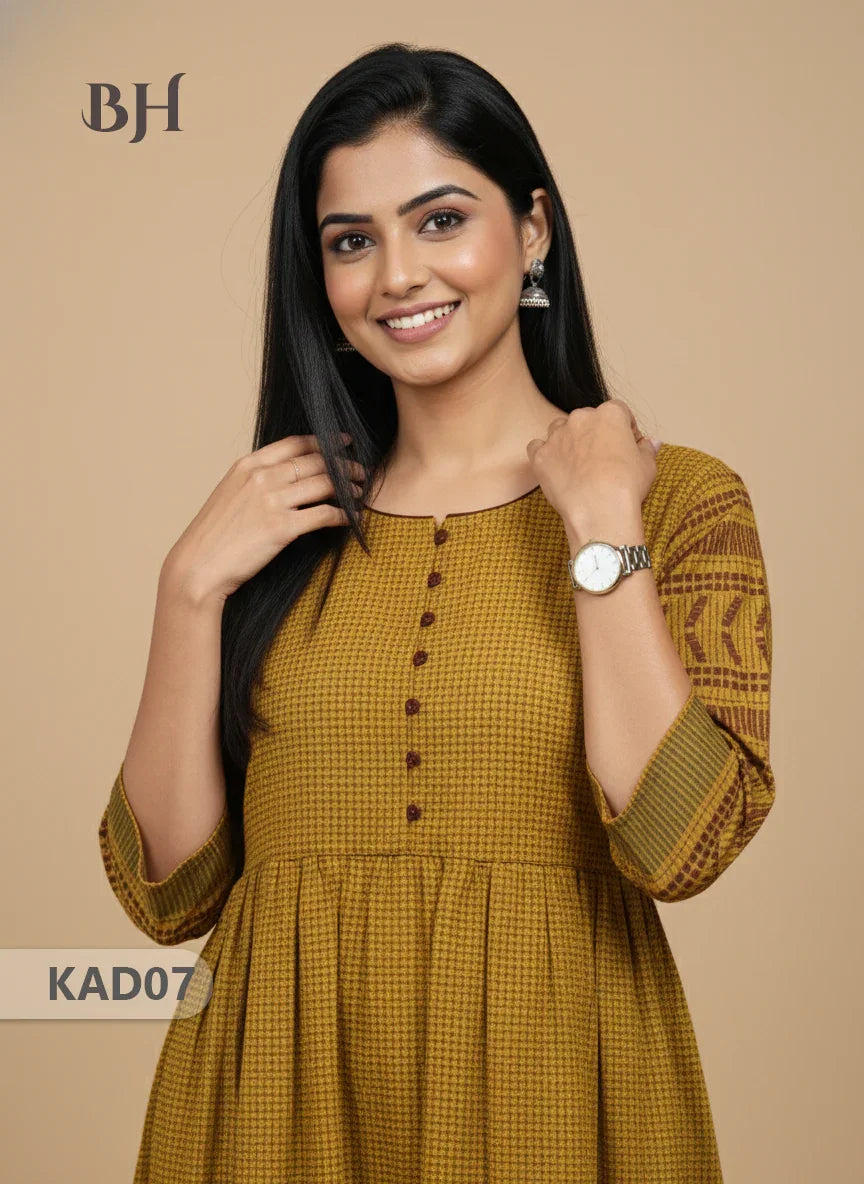 Khadi Cotton Frock Half Length with Lining – Yellow Colour | Comfortable & Stylish Handloom Dress