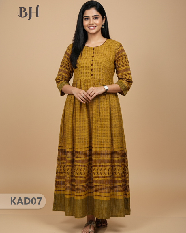 Khadi Cotton Frock Half Length with Lining – Yellow Colour | Comfortable & Stylish Handloom Dress
