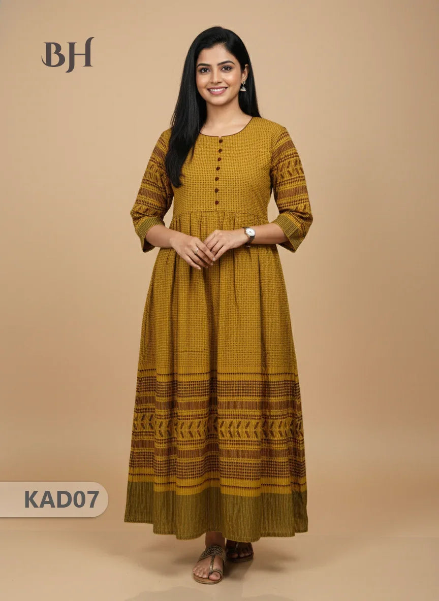 Khadi Cotton Frock Half Length with Lining – Yellow Colour | Comfortable & Stylish Handloom Dress