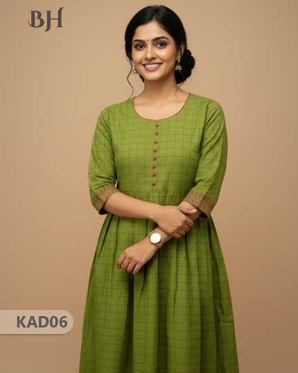 Khadi Cotton Frock Half Length with Lining – Green Colour | Comfortable & Stylish Handloom Dress