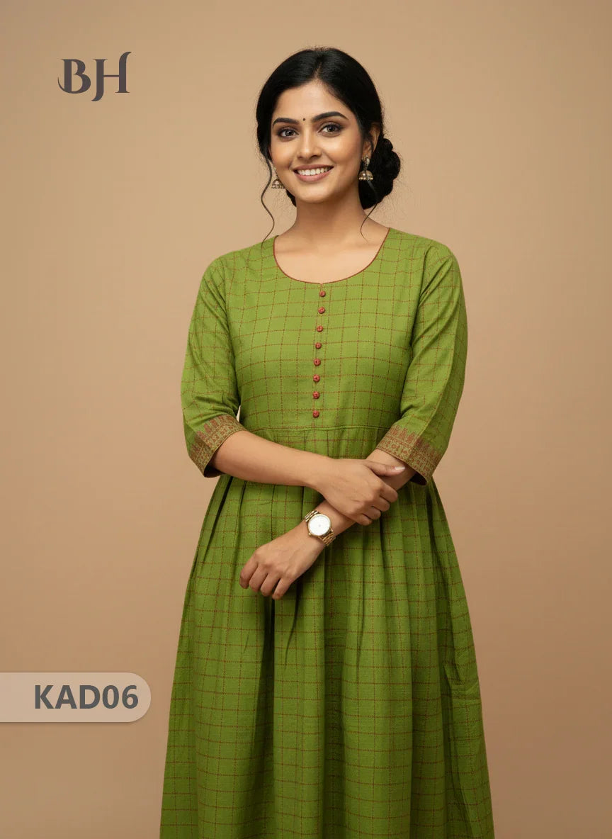 Khadi Cotton Frock Half Length with Lining – Green Colour | Comfortable & Stylish Handloom Dress