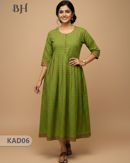 Khadi Cotton Frock Half Length with Lining – Green Colour | Comfortable & Stylish Handloom Dress