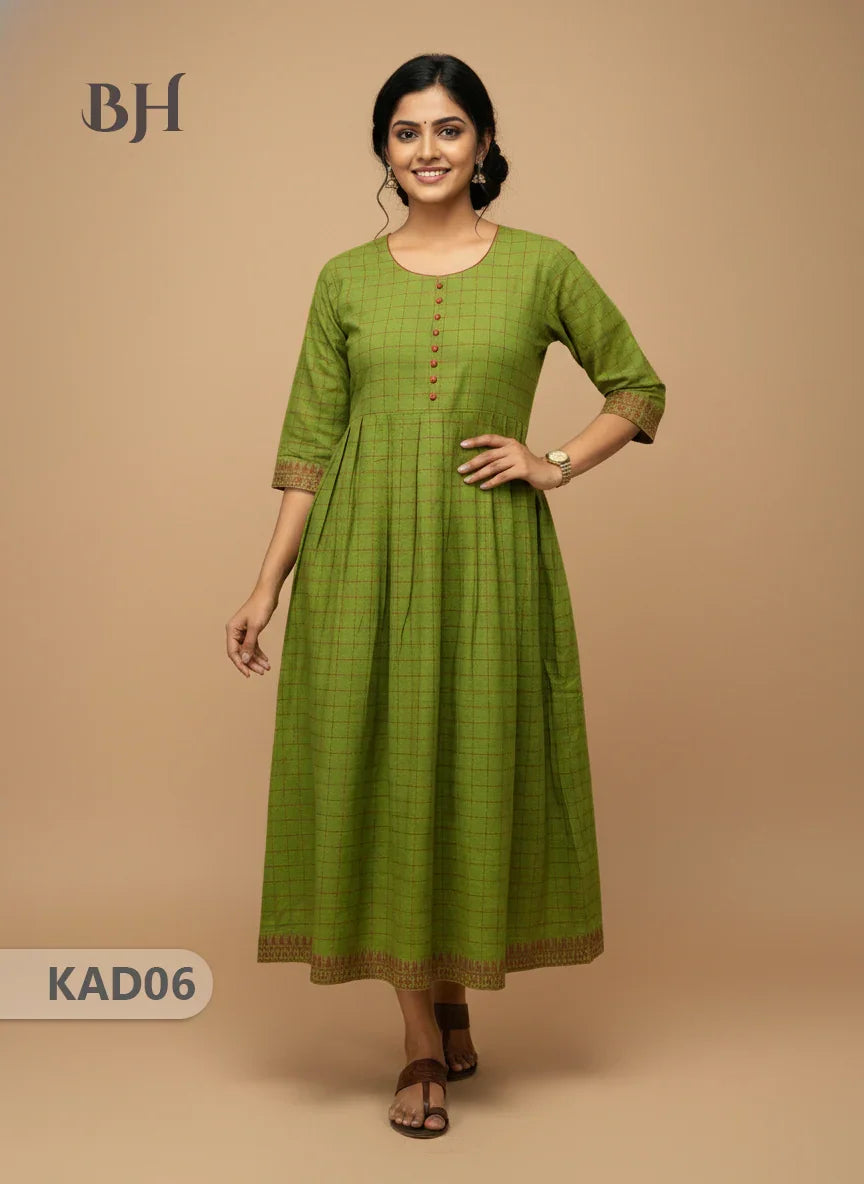 Khadi Cotton Frock Half Length with Lining – Green Colour | Comfortable & Stylish Handloom Dress