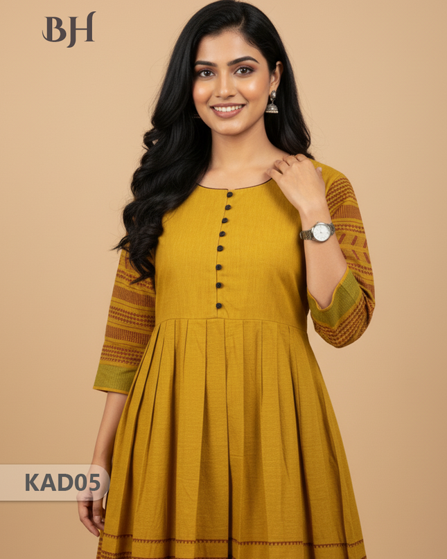 Khadi Cotton Frock Half Length with Lining – Yellow Colour | Comfortable & Stylish Handloom Dress