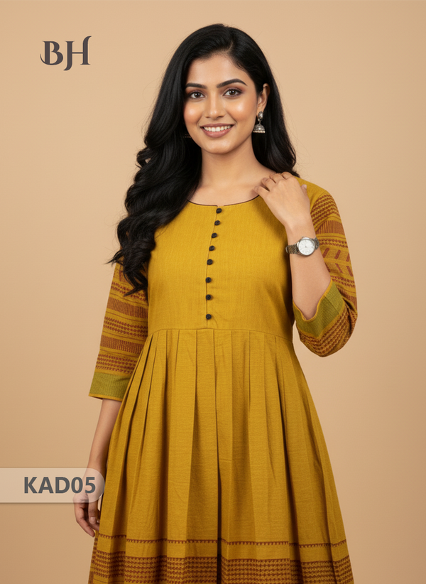 Khadi Cotton Frock Half Length with Lining – Yellow Colour | Comfortable & Stylish Handloom Dress
