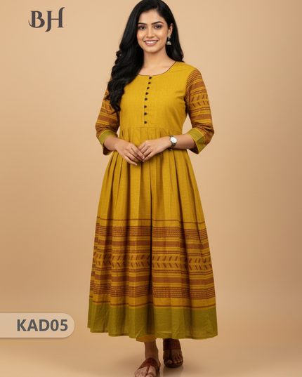 Khadi Cotton Frock Half Length with Lining – Yellow Colour | Comfortable & Stylish Handloom Dress