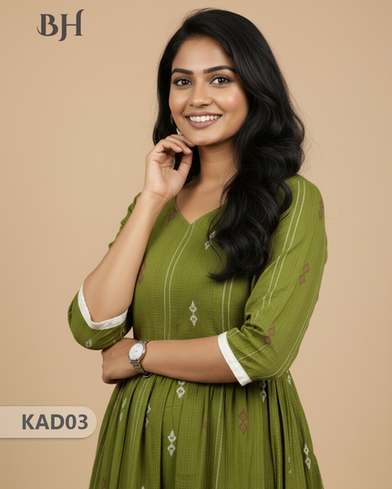 Khadi Cotton Frock Half Length with Lining – Green Colour | Comfortable & Stylish Handloom Dress
