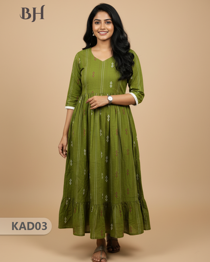 Khadi Cotton Frock Half Length with Lining – Green Colour | Comfortable & Stylish Handloom Dress