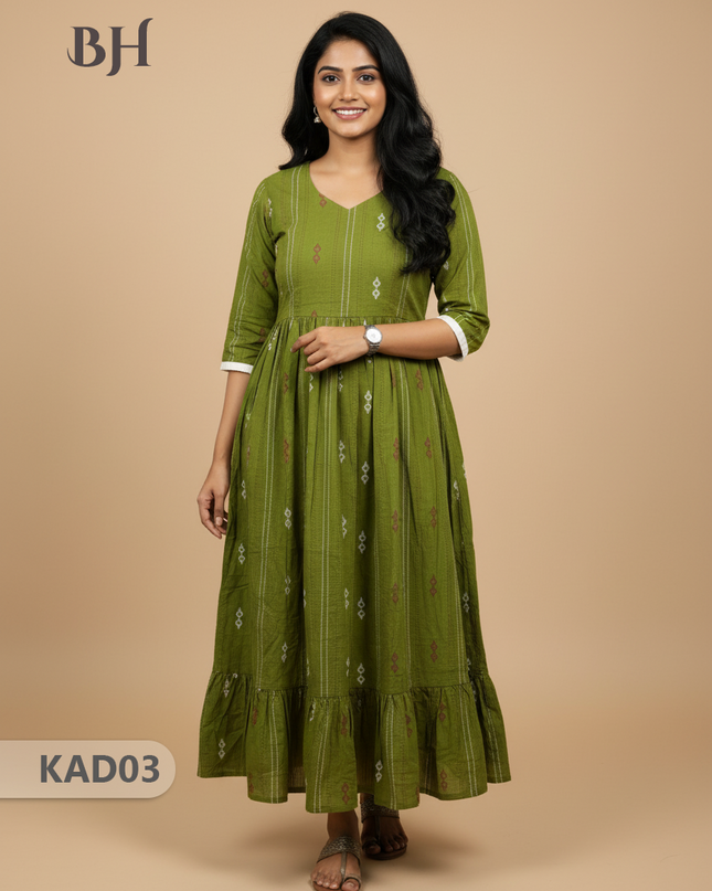 Khadi Cotton Frock Half Length with Lining – Green Colour | Comfortable & Stylish Handloom Dress
