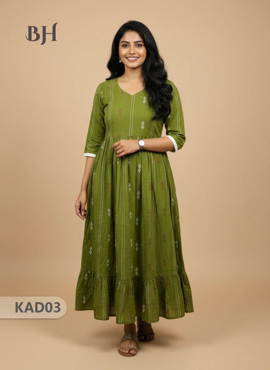 Khadi Cotton Frock Half Length with Lining – Green Colour | Comfortable & Stylish Handloom Dress