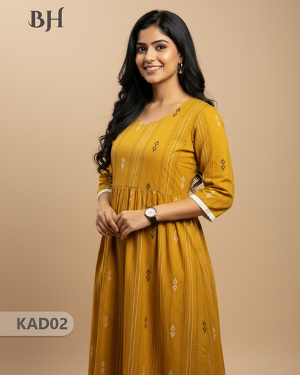 Khadi Cotton Frock Half Length with Lining – Yellow Colour | Comfortable & Stylish Handloom Dress