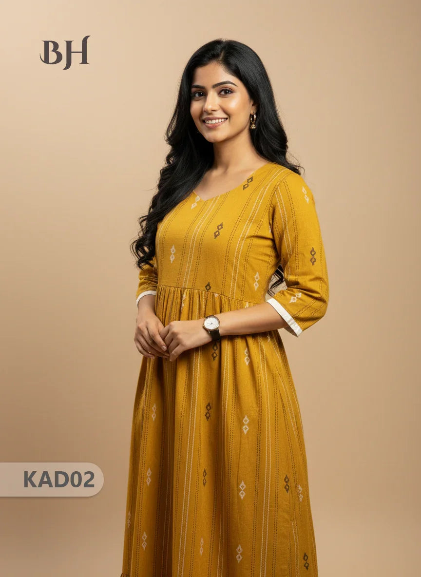 Khadi Cotton Frock Half Length with Lining – Yellow Colour | Comfortable & Stylish Handloom Dress