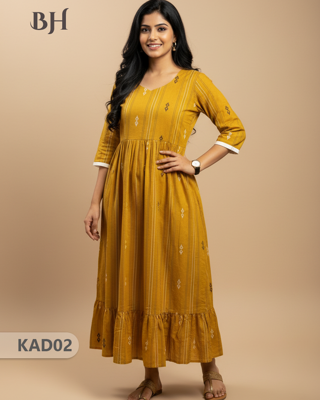 Khadi Cotton Frock Half Length with Lining – Yellow Colour | Comfortable & Stylish Handloom Dress