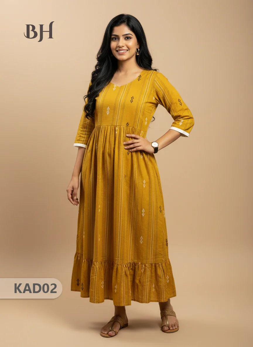 Khadi Cotton Frock Half Length with Lining – Yellow Colour | Comfortable & Stylish Handloom Dress