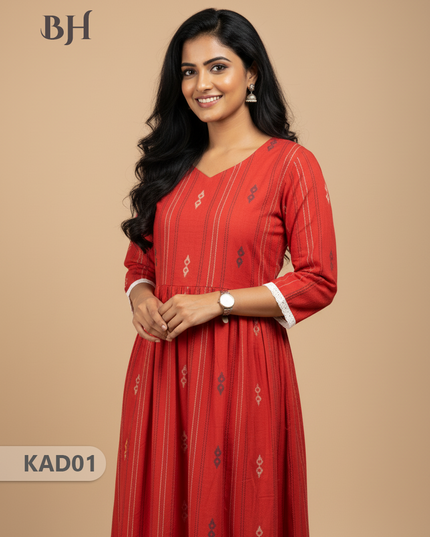 Khadi Cotton Frock Half Length with Lining – Red Colour | Comfortable & Stylish Handloom Dress