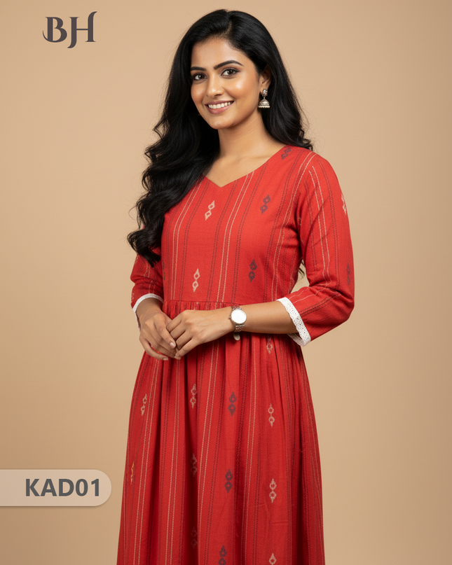 Khadi Cotton Frock Half Length with Lining – Red Colour | Comfortable & Stylish Handloom Dress