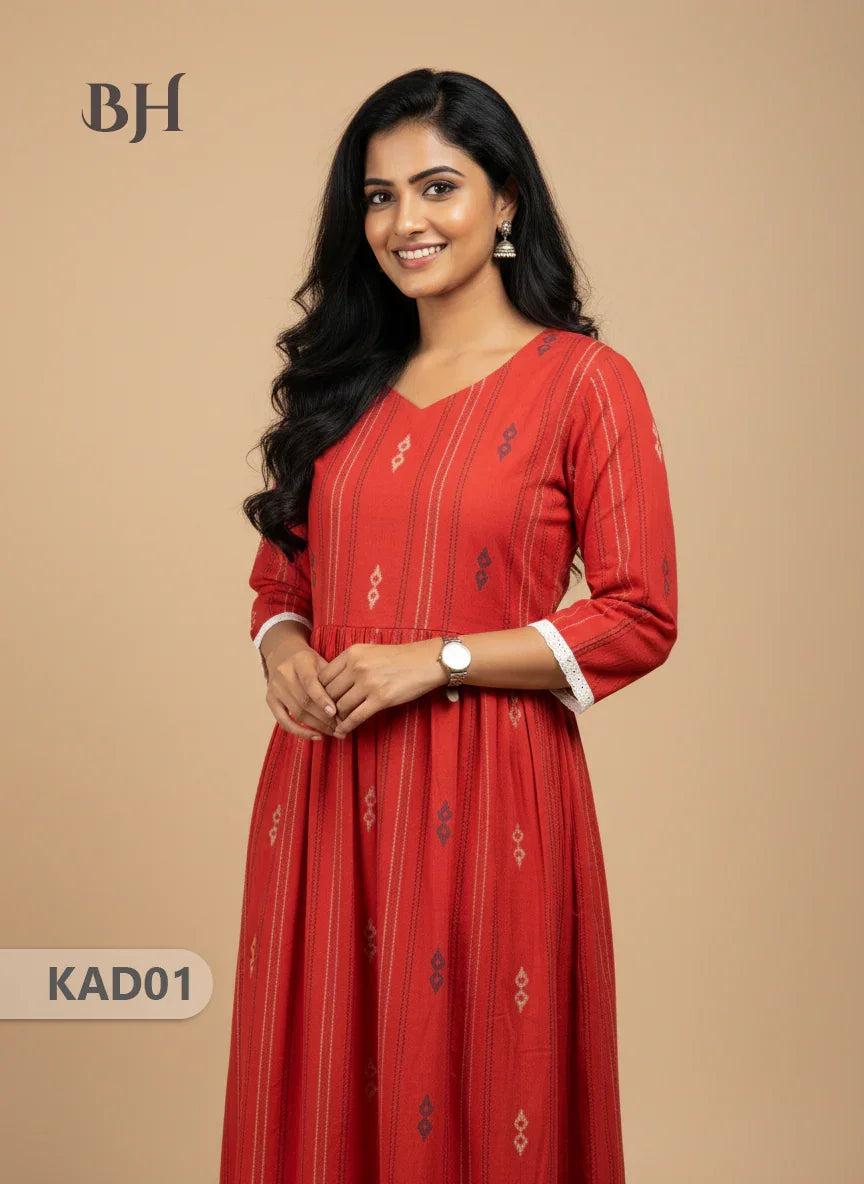 Khadi Cotton Frock Half Length with Lining – Red Colour | Comfortable & Stylish Handloom Dress