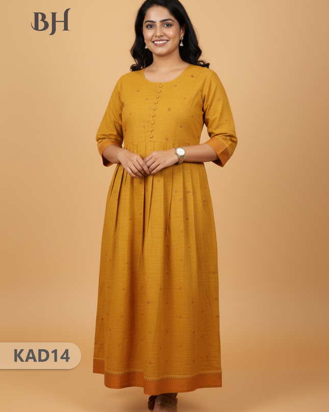 Khadi Cotton Frock Half Length with Lining – Yellow Colour | Comfortable & Stylish Handloom Dress
