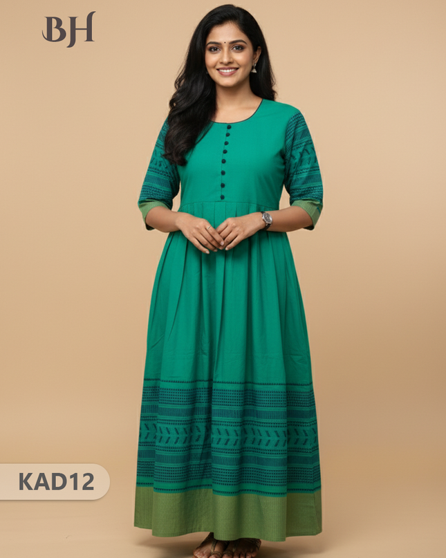 Khadi Cotton Frock Half Length with Lining – Teal Colour | Comfortable & Stylish Handloom Dress