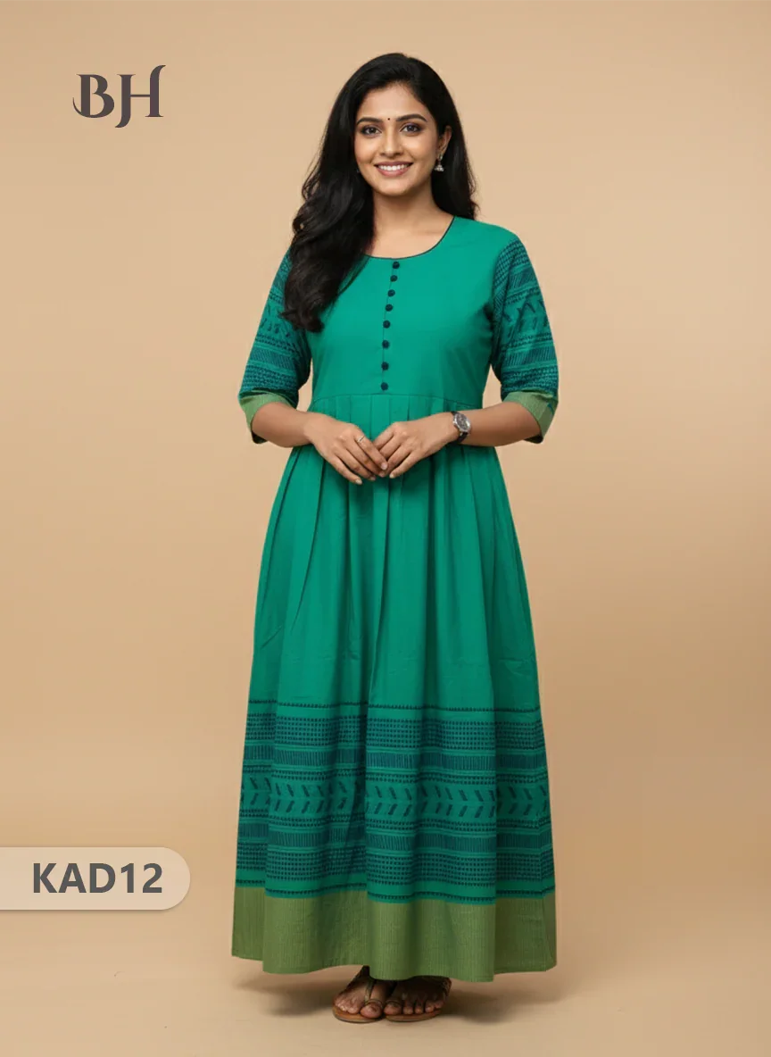 Khadi Cotton Frock Half Length with Lining – Teal Colour | Comfortable & Stylish Handloom Dress