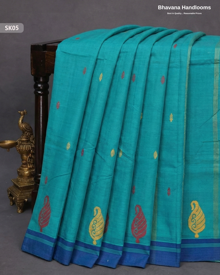 Premium Khadi Cotton Saree in Sea Blue | Handwoven Elegance – Bhavana Handlooms