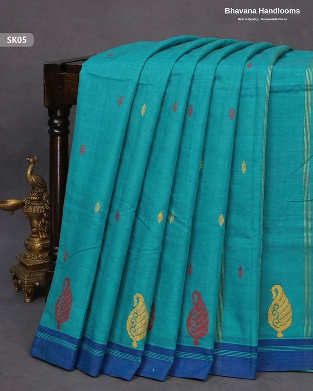 Premium Khadi Cotton Saree in Sea Blue | Handwoven Elegance – Bhavana Handlooms