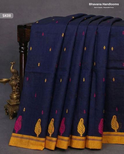 Premium Khadi Cotton Saree in Navy Blue | Handwoven Elegance – Bhavana Handlooms
