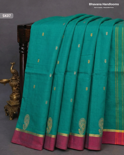 Premium Khadi Cotton Saree in Sea Green | Handwoven Elegance – Bhavana Handlooms