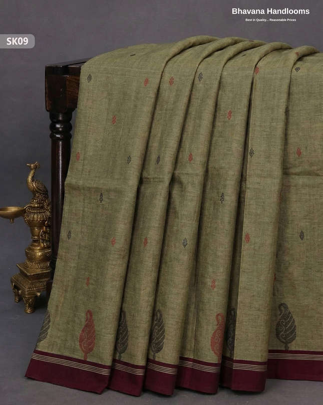 Premium Khadi Cotton Saree in Grayish Brown | Handwoven Elegance – Bhavana Handlooms
