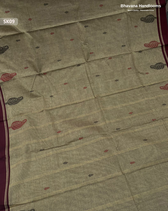 Premium Khadi Cotton Saree in Grayish Brown | Handwoven Elegance – Bhavana Handlooms