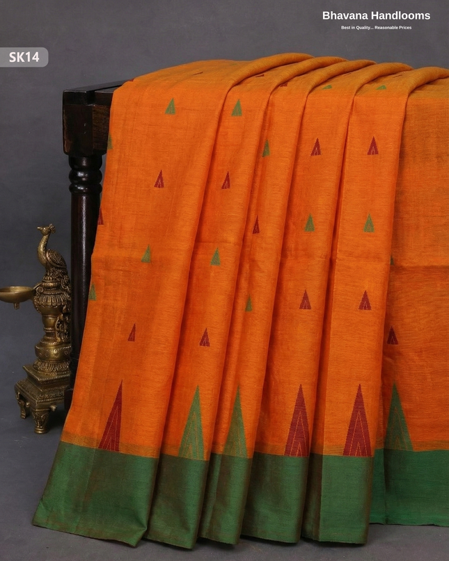 Premium Khadi Cotton Saree in Orange | Handwoven Elegance – Bhavana Handlooms