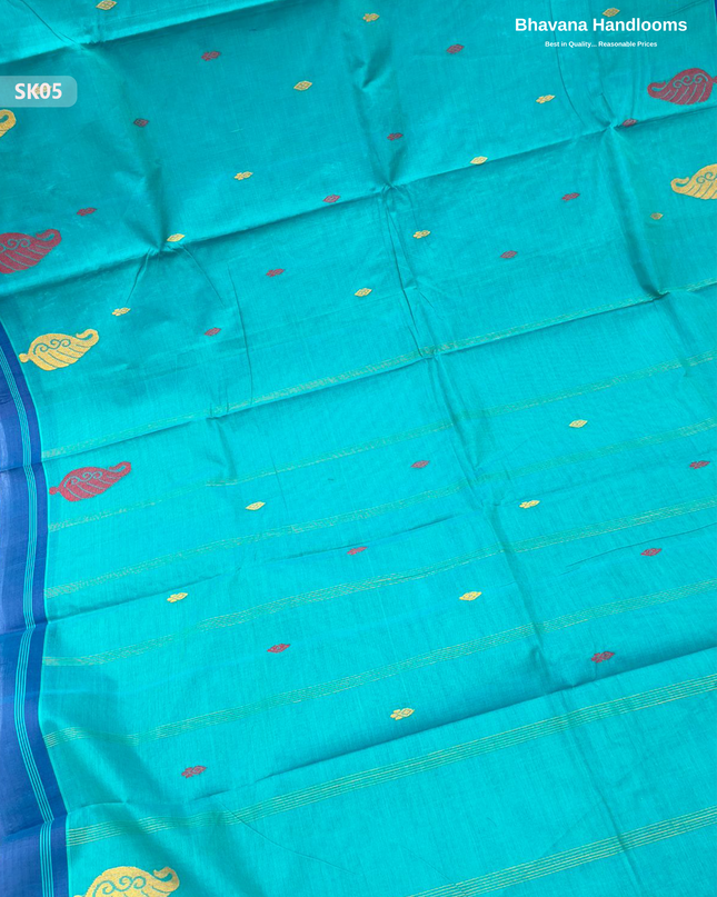 Premium Khadi Cotton Saree in Sea Blue | Handwoven Elegance – Bhavana Handlooms