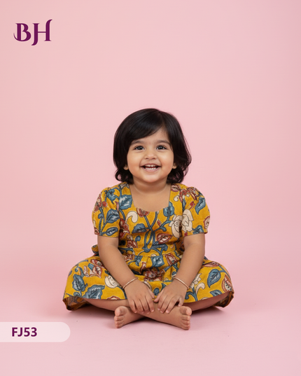 Yellow Cotton Printed Baby Frocks – Latest Kids Wear Collection | Bhavana Handlooms