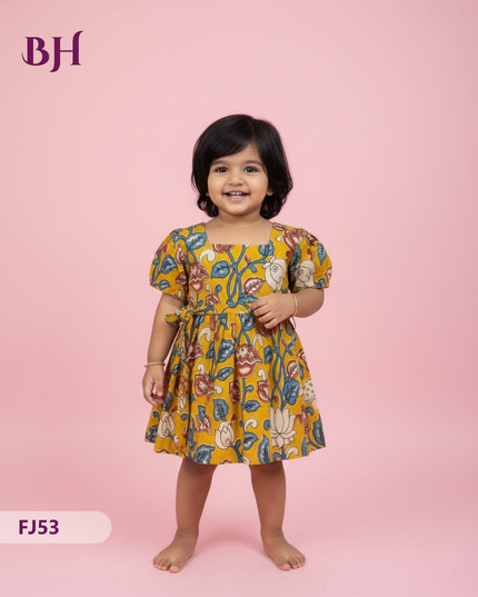 Yellow Cotton Printed Baby Frocks – Latest Kids Wear Collection | Bhavana Handlooms