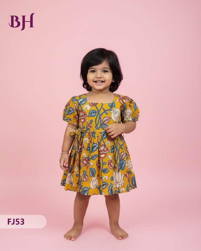 Yellow Cotton Printed Baby Frocks – Latest Kids Wear Collection | Bhavana Handlooms