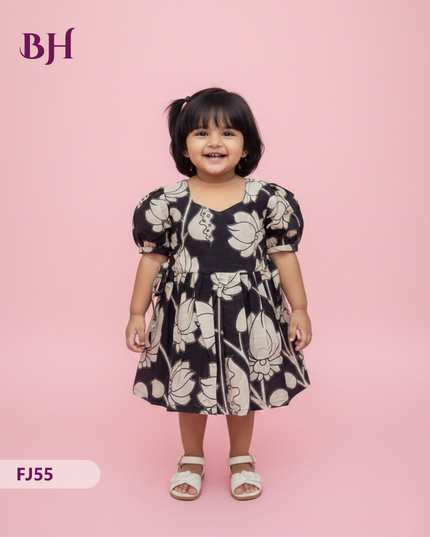 Black Cotton Printed Baby Frocks – Latest Kids Wear Collection | Bhavana Handlooms