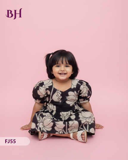 Black Cotton Printed Baby Frocks – Latest Kids Wear Collection | Bhavana Handlooms