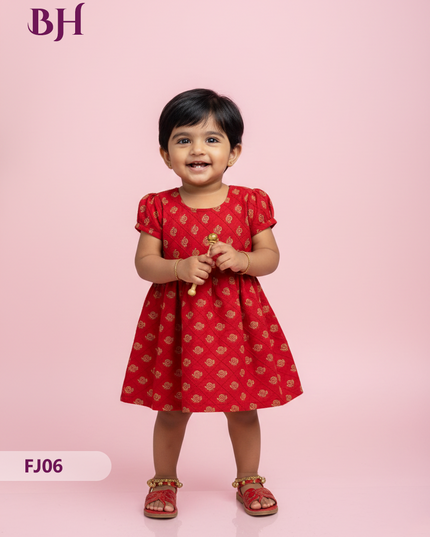 Red Cotton Printed Baby Frocks – Latest Kids Wear Collection | Bhavana Handlooms