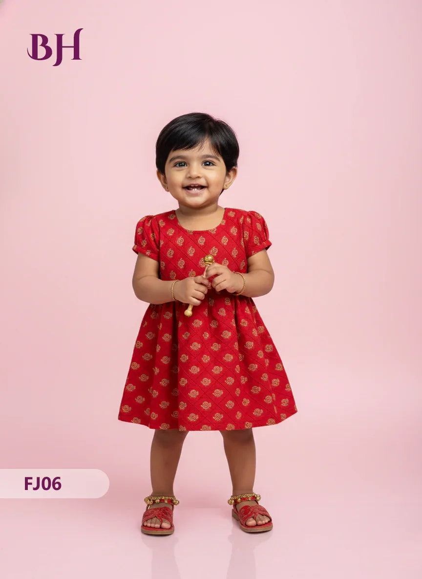 Red Cotton Printed Baby Frocks – Latest Kids Wear Collection | Bhavana Handlooms