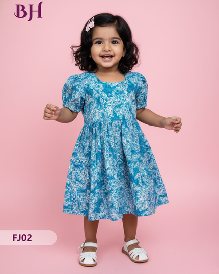 Sky Blue Cotton Printed Baby Frocks – Latest Kids Wear Collection | Bhavana Handlooms